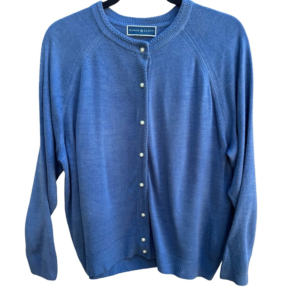 Karen Scott Coastal Grandma Preppy Faux Pearl Button Cardigan Sweater Blue L